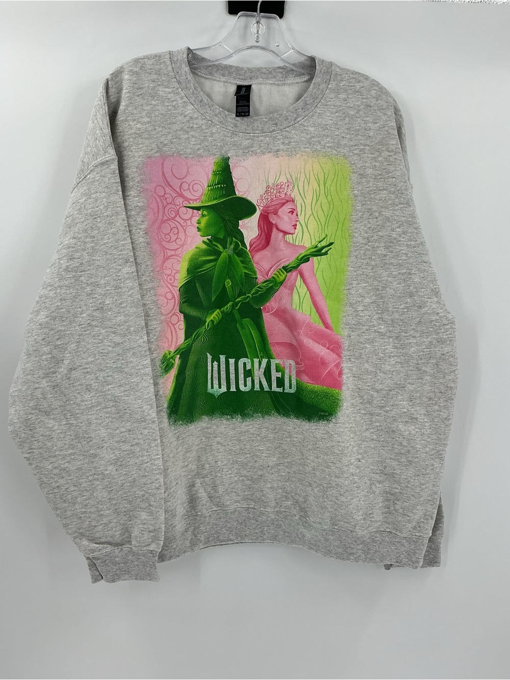 Gildan Grey Crewneck Sweatshirt with Green & Pink Wicked Graphic - Picture 2 of 10